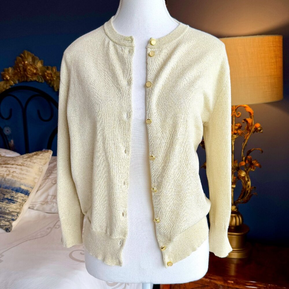 Nine West Light Gold Cotton Blend Metallic Buttoned Cardigan